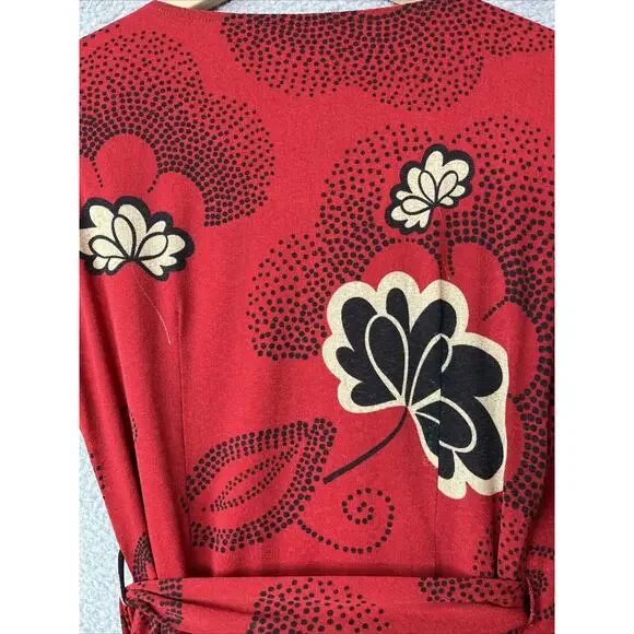 Tristan & Iseut Wrap Dress Small Knee Japanese Floral Red Ruffle Retro 70s Y2K - Picture 14 of 16